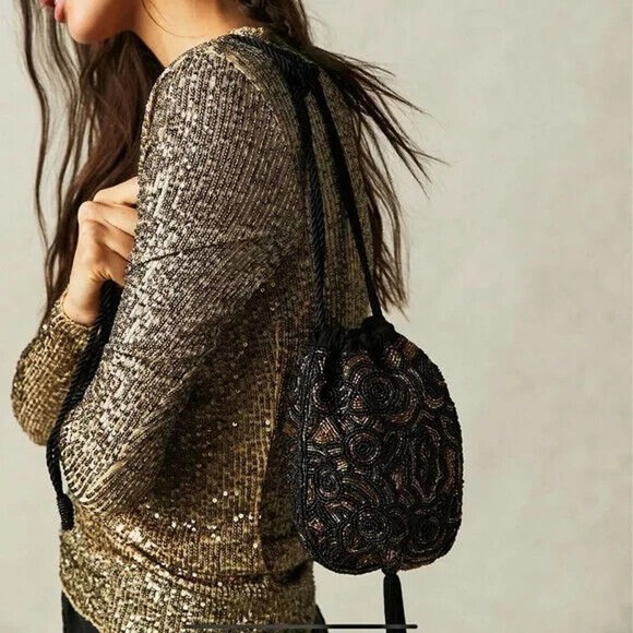 NWOT Free People Penny Beaded Pouch Bag Drawstring Black Gold Size OS - Picture 1 of 5